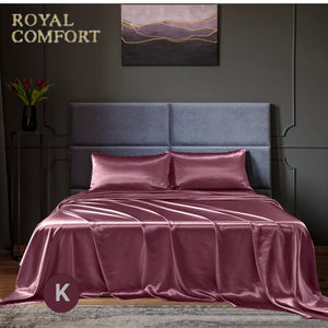 Royal Comfort Satin Sheet Set 4 Piece Fitted Flat Sheet Pillowcases  - King - Malaga Wine