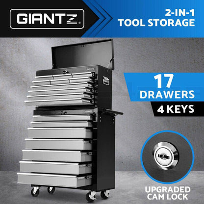 Giantz 17 Drawers Tool Box Trolley Black and Grey