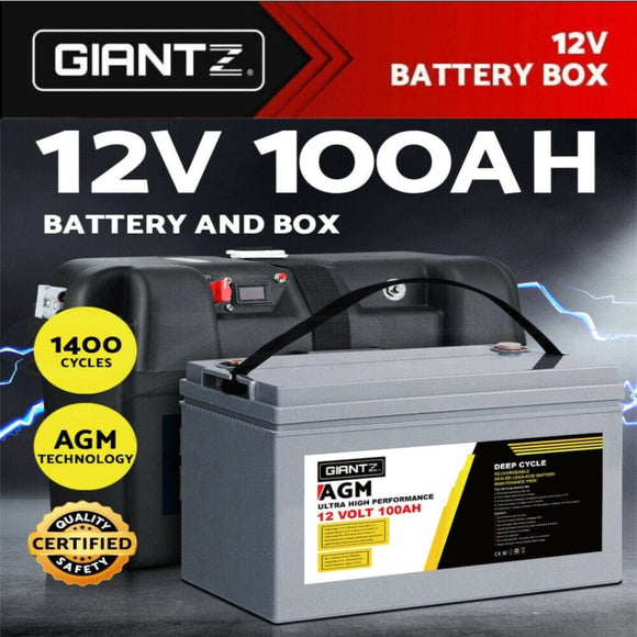 Giantz 100Ah Deep Cycle Battery & Battery Box 12V AGM Marine Sealed Power Solar Caravan 4WD Camping