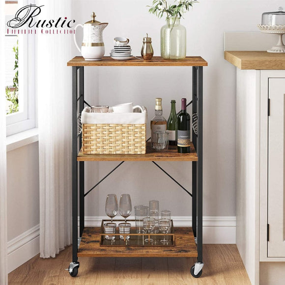 Kitchen Baker's Rack,  3-Tier Serving Cart with Metal Frame and 6 Hooks, Rustic Brown