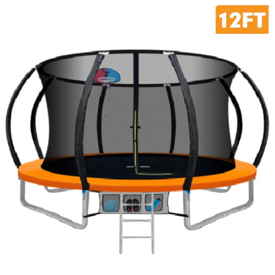 12-foot trampoline with safety net and orange border on a white background