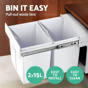 Pull Out Kitchen Bin - White Cefito 2x15L