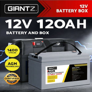 120Ah Deep Cycle Battery & Battery Box 12V AGM Marine Sealed Power Solar