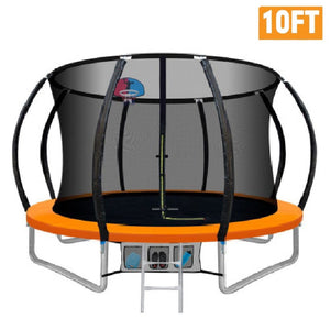 10ft trampoline with safety net and basketball hoop on a white background
