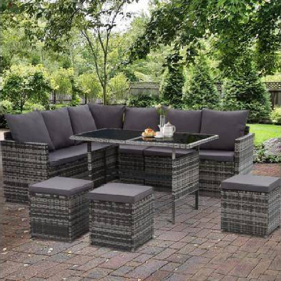 Outdoor Dining Table Set Wicker 9 Seater Storage Cover Mixed Grey
