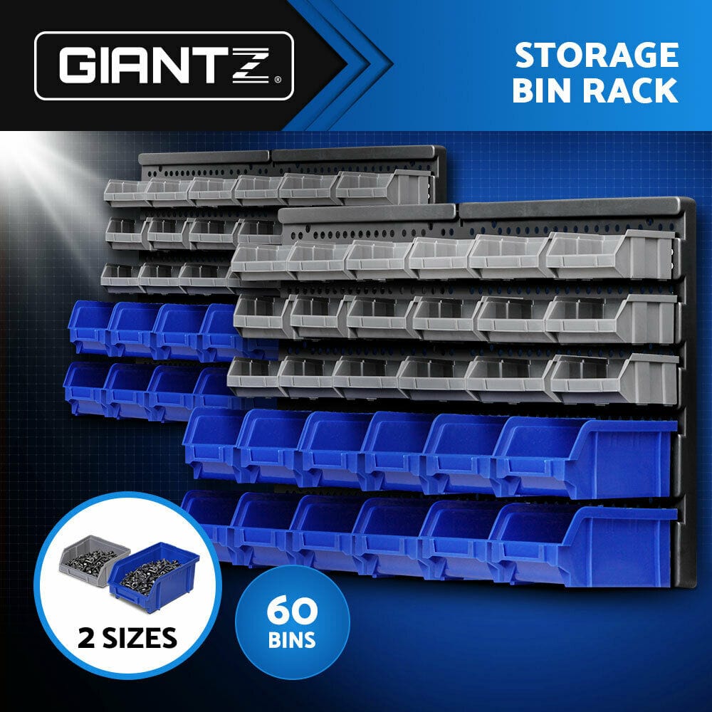 Giantz 60 Bin Wall Mounted Rack Storage Tools Garage Organiser Shed Work Bench
