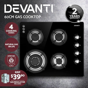 Devanti Gas Cooktop 60cm 4 Burner Glass Cook Top Cooker Stove Hob NG LPG Black