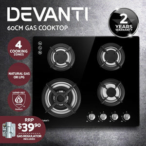 Devanti Gas Cooktop 60cm 4 Burner Ceramic Glass Cook Top Stove Hob Cooker LPG NG Black