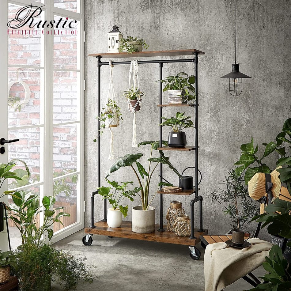 Clothing Garment Rack on Wheels with 5-Tier, Industrial Pipe Style, Rustic Brown