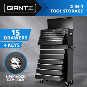 Giantz 15 Drawers Tool Box Trolley Black