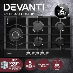 Devanti Gas Cooktop 90cm 5 Burner Stove Hob Cooker Kitchen NG LPG Black Glass