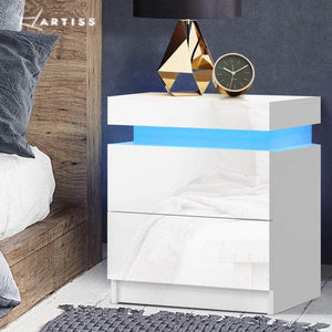 Bedside Table Side Table Drawers RGB LED High Gloss Nightstand White