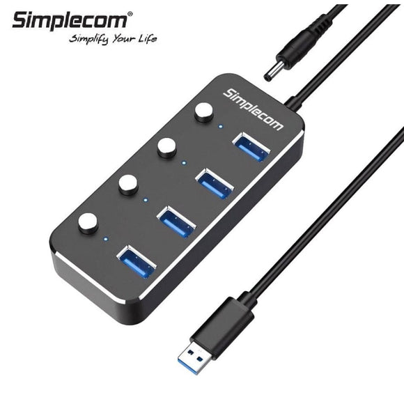 Simplecom CH345PS Aluminium 4-Port USB 3.0 Hub with Individual Switches and Power Adapter