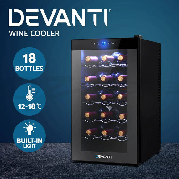 Devanti Wine Cooler 18 Bottles Glass Door Beverage Cooler Thermoelectric Fridge Black