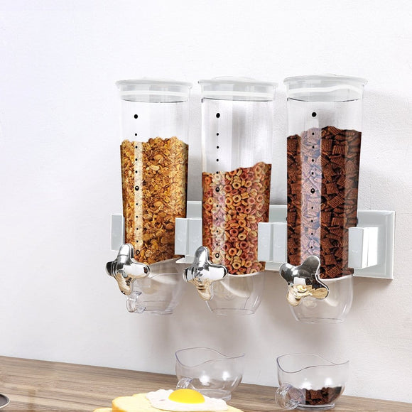 Wall Mounted Triple Cereal Dispenser Dry Food Storage Container Dispense Machine