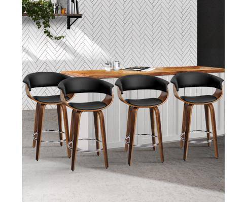 4X Bar Stools Wooden Bar Stool Swivel Kitchen Dining Chairs Leather Black