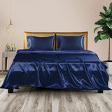 DreamZ Silky Satin Sheets Fitted Flat Bed Sheet Pillowcases Summer Single Blue