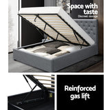 Artiss Vila Bed Frame Fabric Gas Lift Storage - Grey Queen