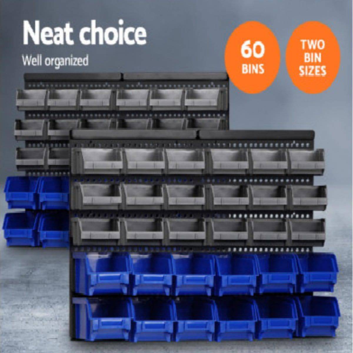 Giantz 60 Bin Wall Mounted Rack Storage Tools Garage Organiser Shed Work Bench