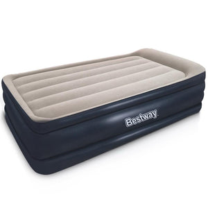 Single-size Bestway brand inflatable air mattress in blue color with a comfortable flocked sleeping surface.