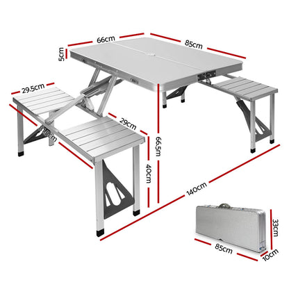 Folding Table With 2 x Bench Chairs-Aluminium