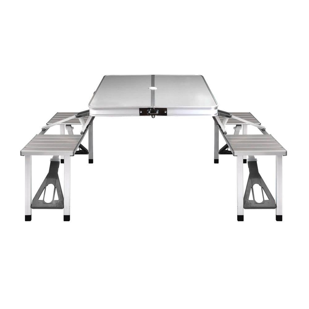 Folding Table With 2 x Bench Chairs-Aluminium