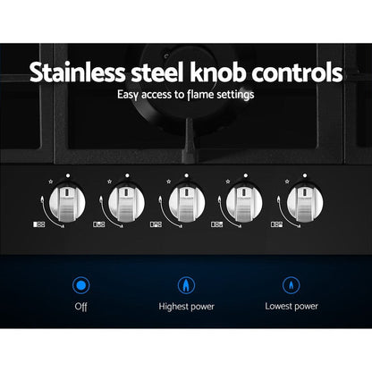Devanti Gas Cooktop 90cm 5 Burner Stove Hob Cooker Kitchen NG LPG Black Glass