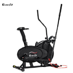 An Everfit exercise bike and elliptical cross trainer combo in black color, featuring an LCD display, adjustable handlebar and seat, and rubber-clad pole grips.