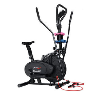 Black exercise bike with Everfit branding on a white background