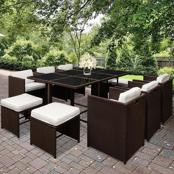 11 Piece PE Wicker Outdoor Furniture Dining Table Set - Brown & White