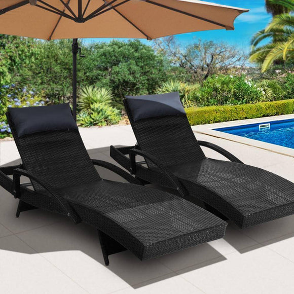2x Sun Lounge Outdoor Furniture Wicker Lounger Rattan Day Bed Garden Patio Black