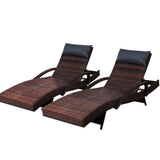 2x Sun Lounge Outdoor Furniture Wicker Lounger Rattan Day Bed Garden Patio Brown