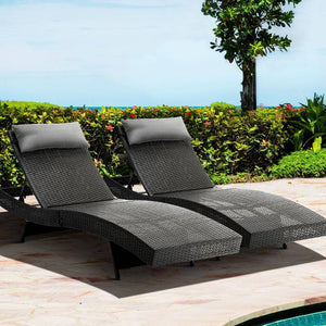 2x Outdoor Sun Lounge Setting Wicker Lounger Day Bed Rattan Patio Furniture Black