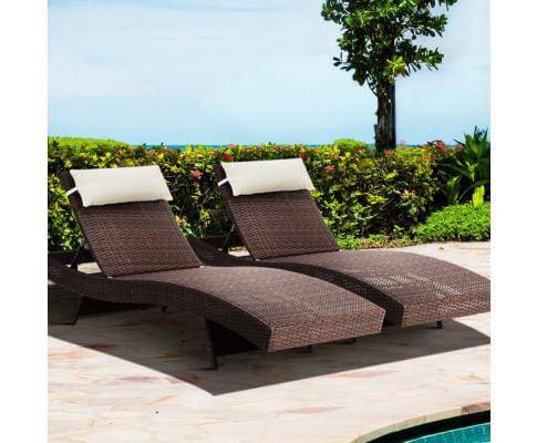 2x Outdoor Sun Lounge Setting Wicker Lounger Day Bed Rattan Patio Furniture Brown