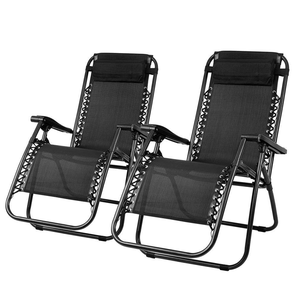 2x  Zero Gravity Chairs 2PC Reclining Outdoor Furniture Sun Lounge Folding Camping Lounger Black