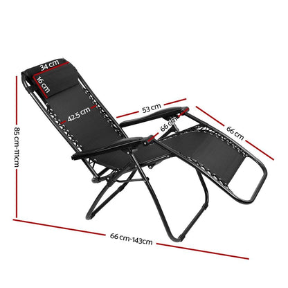 2x  Zero Gravity Chairs 2PC Reclining Outdoor Furniture Sun Lounge Folding Camping Lounger Black