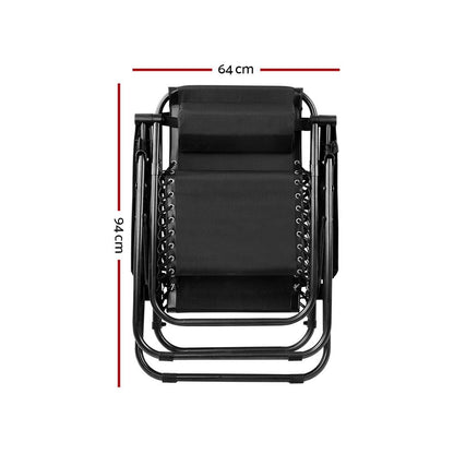 2x  Zero Gravity Chairs 2PC Reclining Outdoor Furniture Sun Lounge Folding Camping Lounger Black
