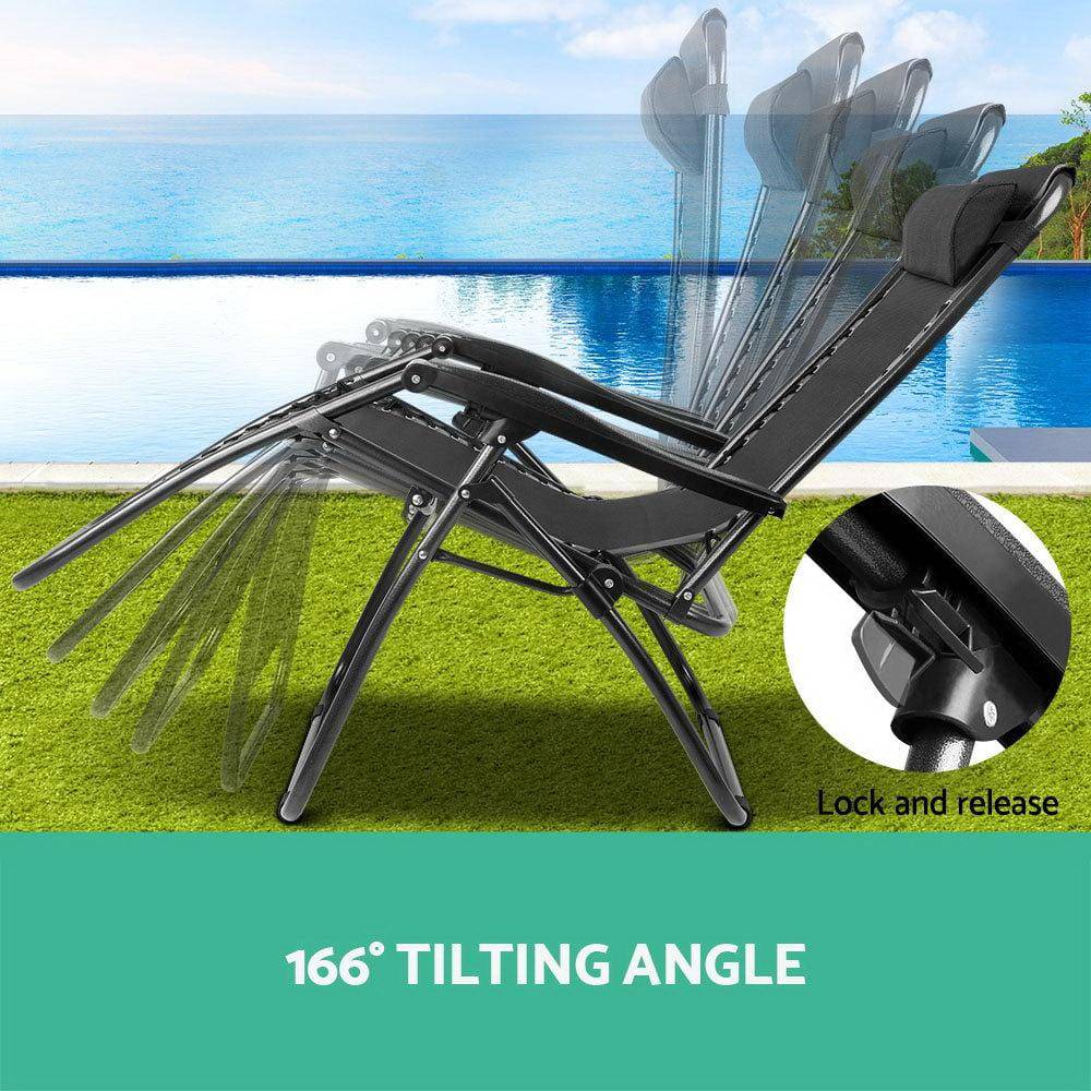 2x  Zero Gravity Chairs 2PC Reclining Outdoor Furniture Sun Lounge Folding Camping Lounger Black