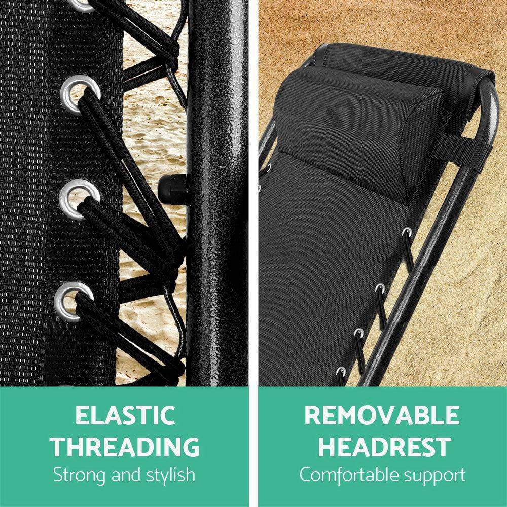 2x  Zero Gravity Chairs 2PC Reclining Outdoor Furniture Sun Lounge Folding Camping Lounger Black