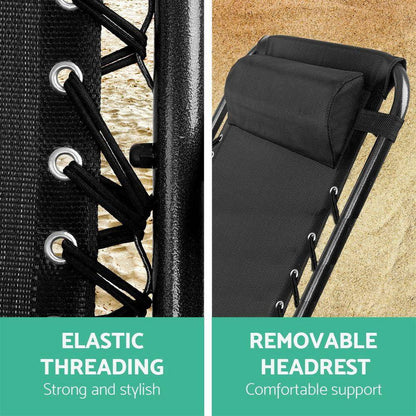 2x  Zero Gravity Chairs 2PC Reclining Outdoor Furniture Sun Lounge Folding Camping Lounger Black