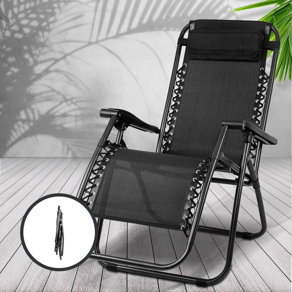 2x  Zero Gravity Chairs 2PC Reclining Outdoor Furniture Sun Lounge Folding Camping Lounger Black