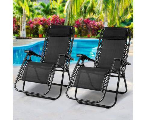 2x  Zero Gravity Chairs 2PC Reclining Outdoor Furniture Sun Lounge Folding Camping Lounger Black