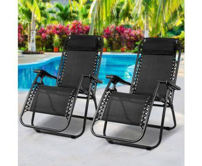 2x  Zero Gravity Chairs 2PC Reclining Outdoor Furniture Sun Lounge Folding Camping Lounger Black