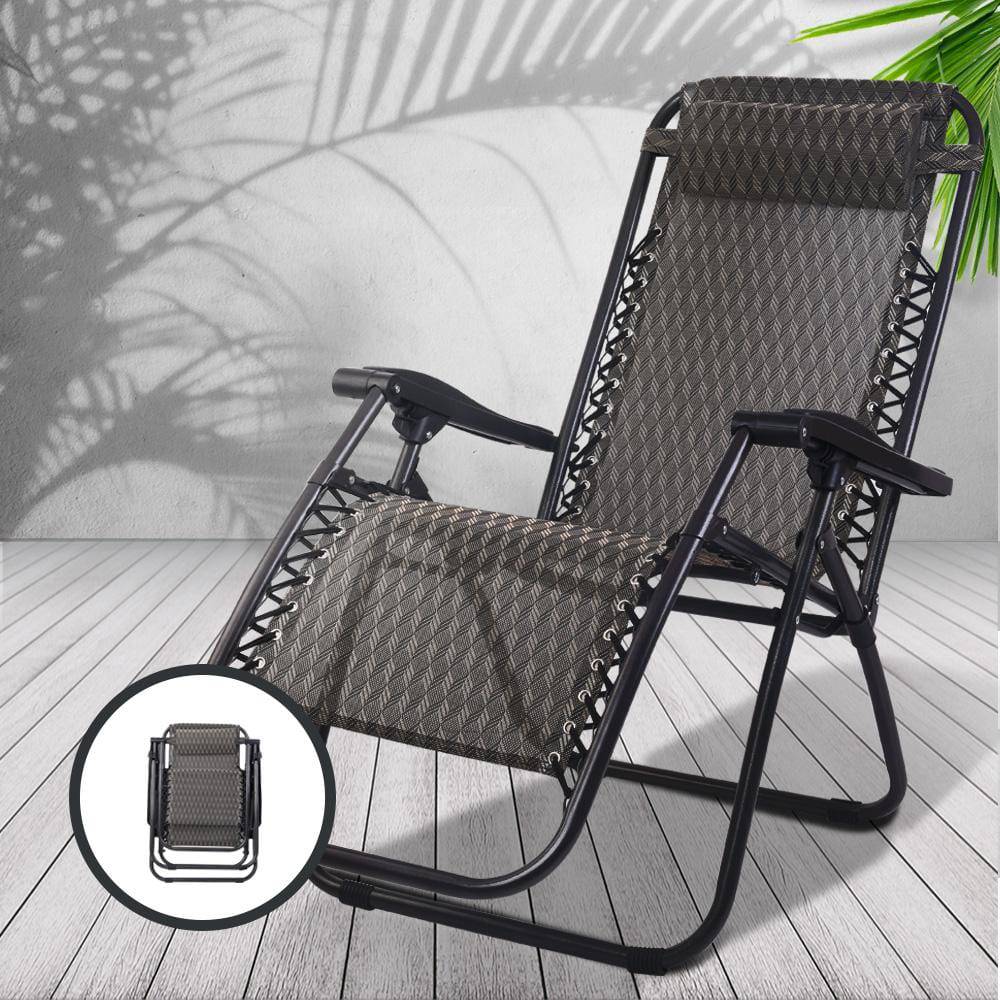 Zero Gravity Chairs 2PC Reclining Outdoor Furniture Sun Lounge Folding Camping Lounger Grey