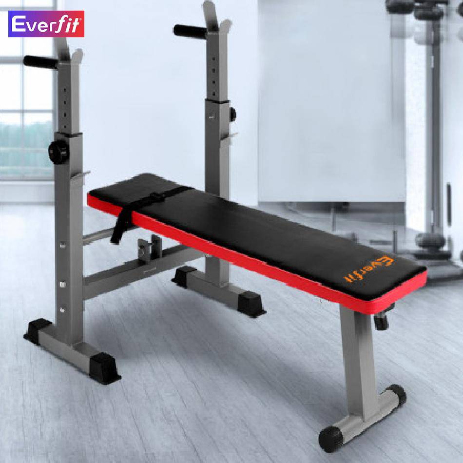 Everfit weight bench squat rack with a red and black padding, set against a gym backdrop.