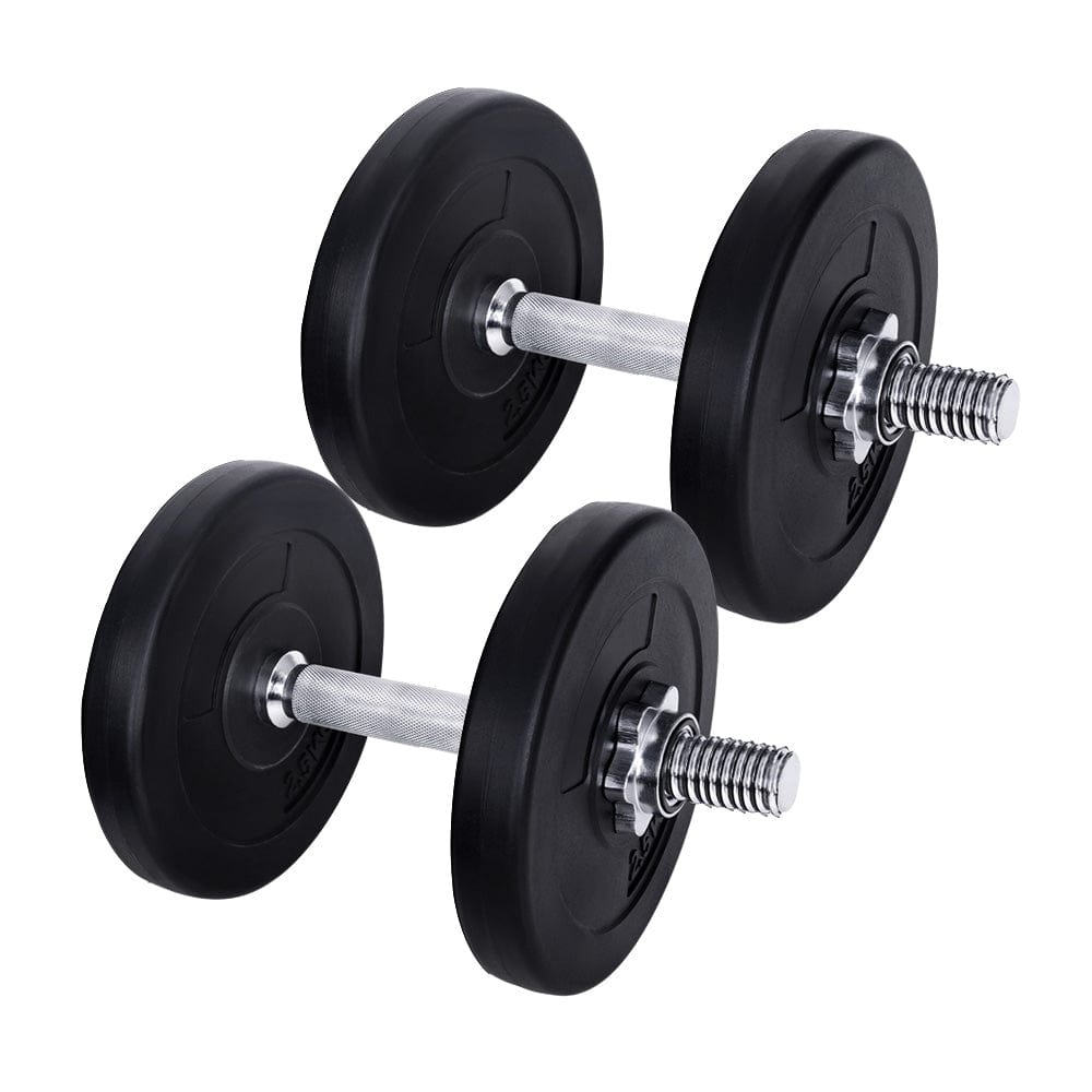 A pair of dumbbells with black weight plates and silver handles.