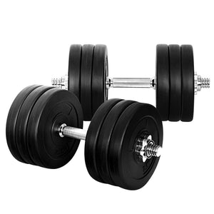 A set of black dumbbells with adjustable weight plates and a steel bar, designed for fitness and weightlifting.