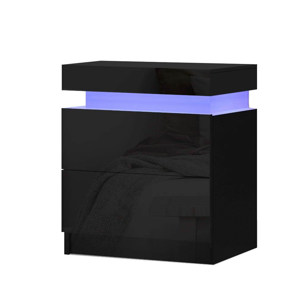 Bedside Tables Side Table Drawers RGB LED High Gloss Nightstand Black