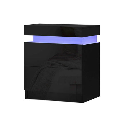 Bedside Tables Side Table Drawers RGB LED High Gloss Nightstand Black