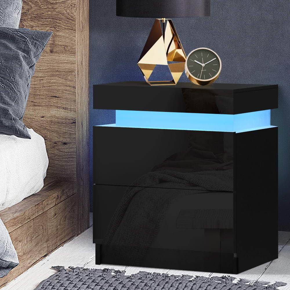 Bedside Tables Side Table Drawers RGB LED High Gloss Nightstand Black
